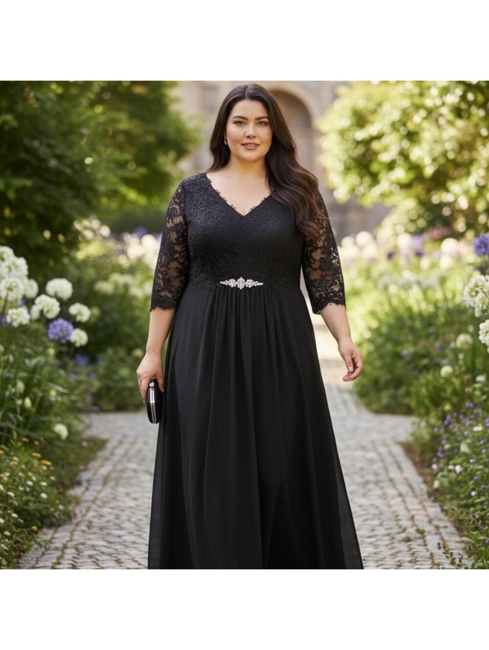 Azazie Black Lace Maxi Dress w/ Rhinestones